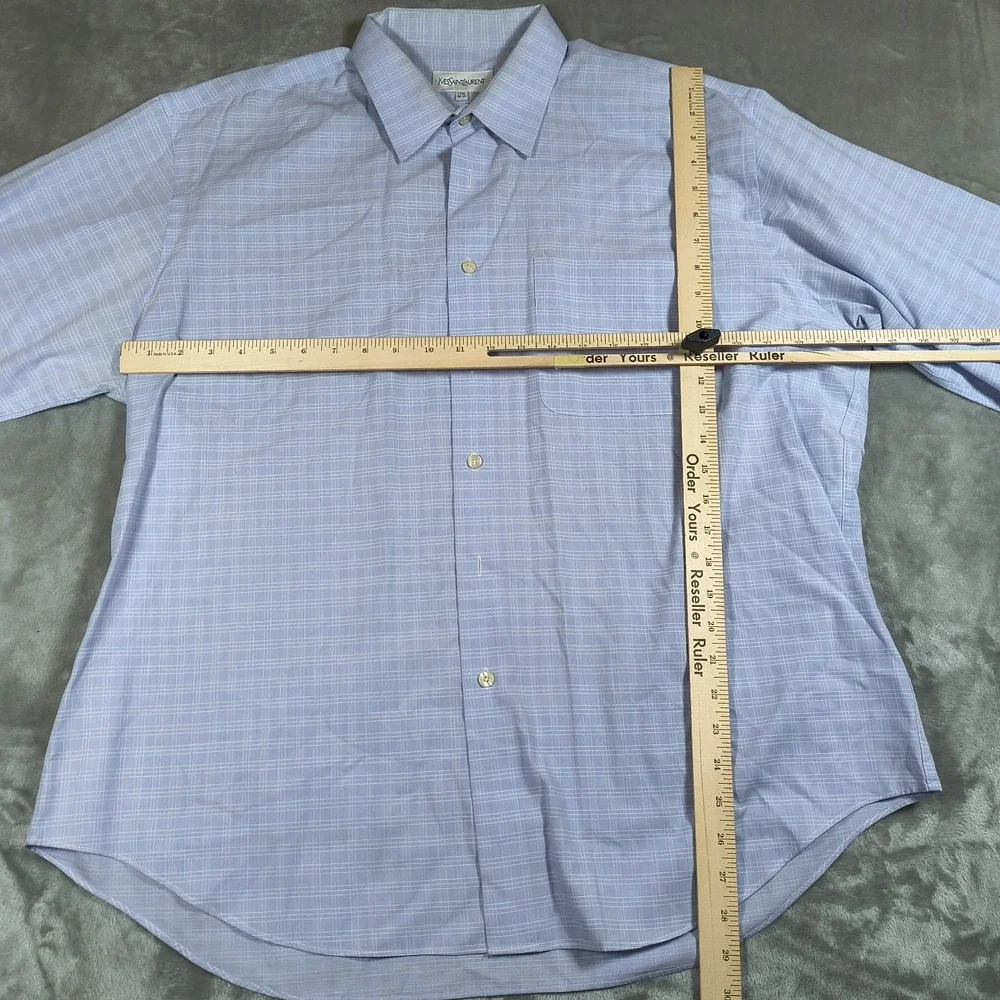 Vintage Yves Saint Laurent‎ Shirt Mens 17.5 Blue Plaid Long Sleeve Button Up USA